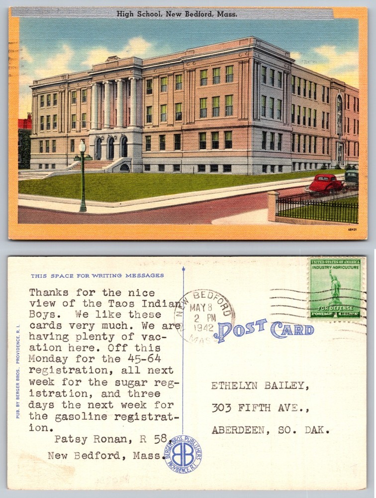 High School New Bedford Mass Street View Postcard