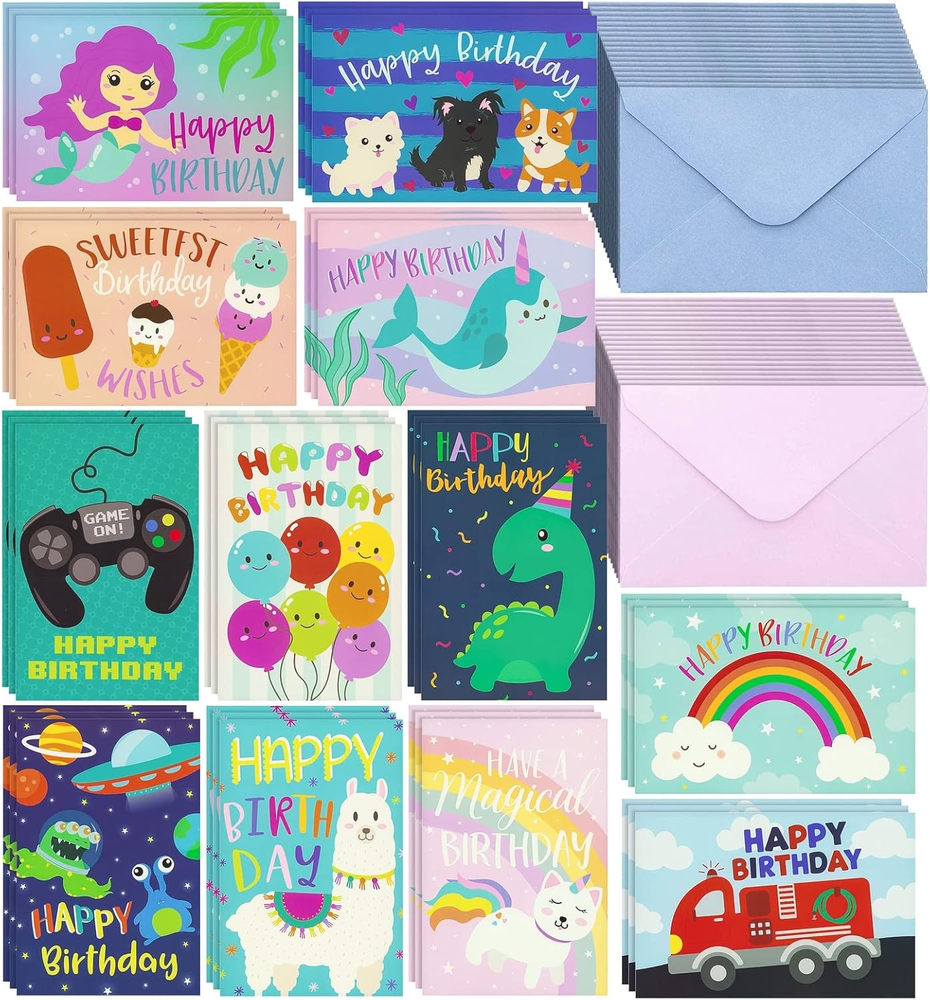 Pipilo Press 36 Pack Kids Birthday Cards Assortment with Colored Envelopes Bulk,