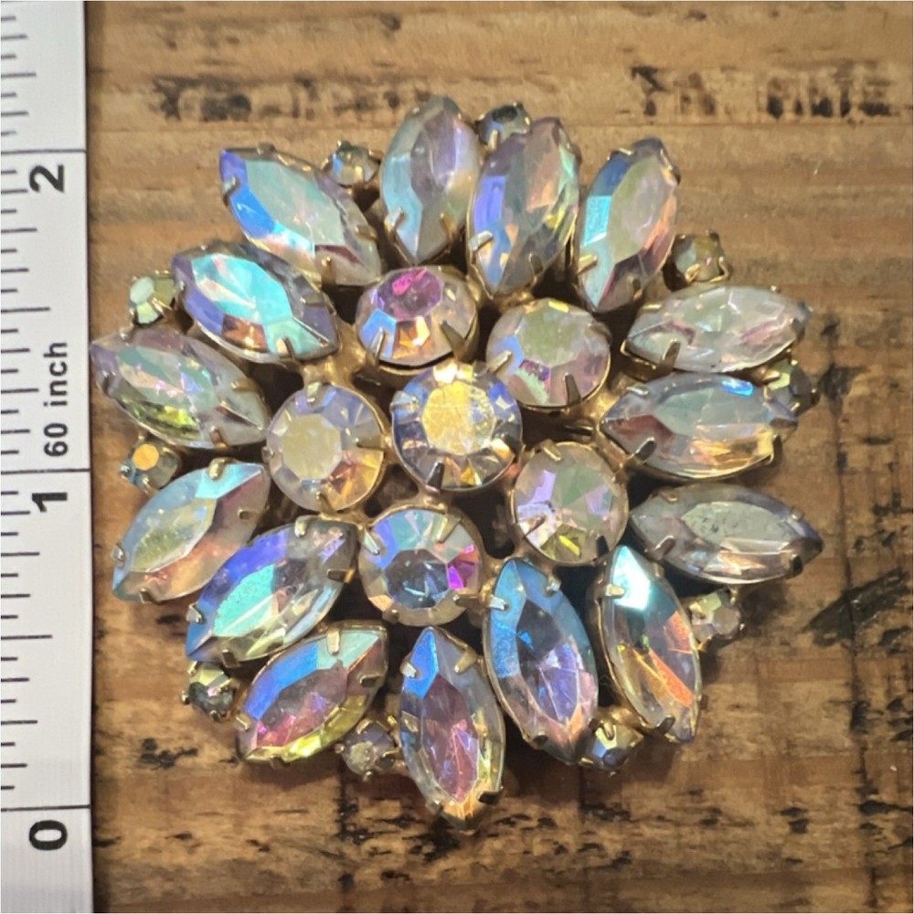Gold Tone Aurora Borealis Crystal Rhinestone Brooch Pin Cluster.