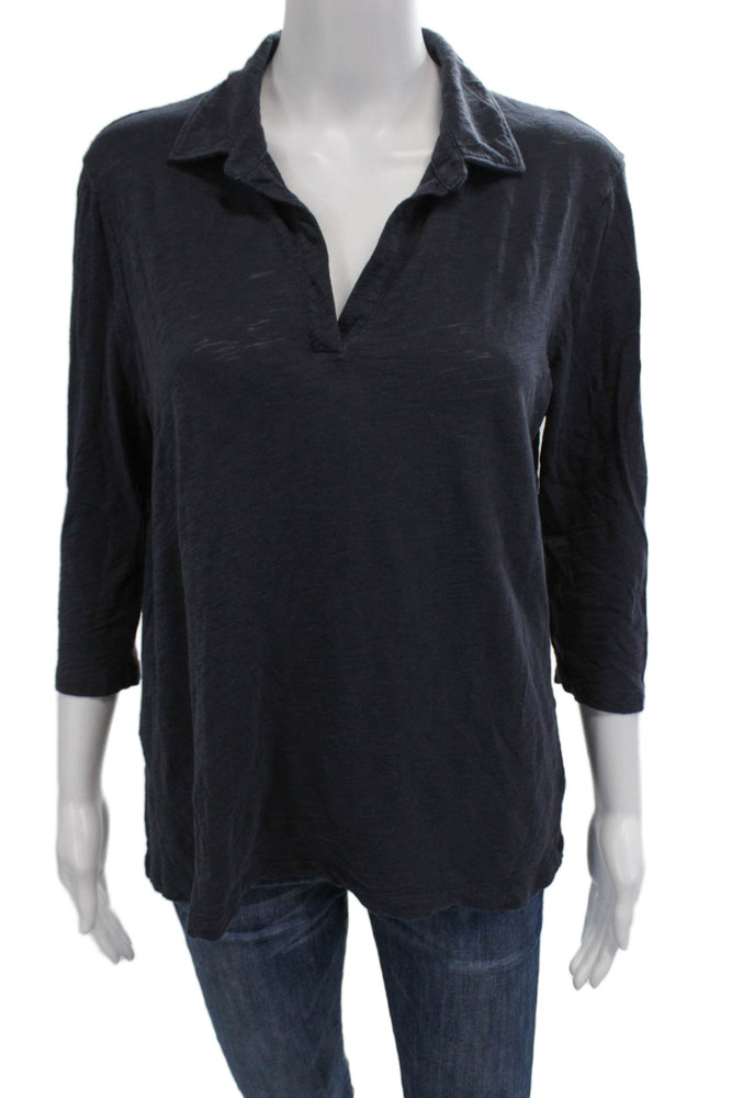 Goldie Womens Cotton Headered Collared 3/4 Length Sleeve Blouse Navy Size LFree Shipping in US $100+ Orders | $6.95 Orders Below