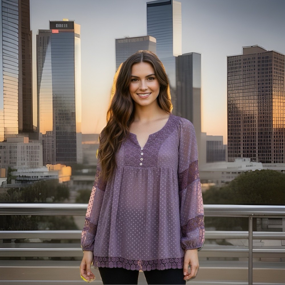 Daniel Rainn M Top Purple Crochet Lace Peasant Boho Cottage Coquette Soft Girl