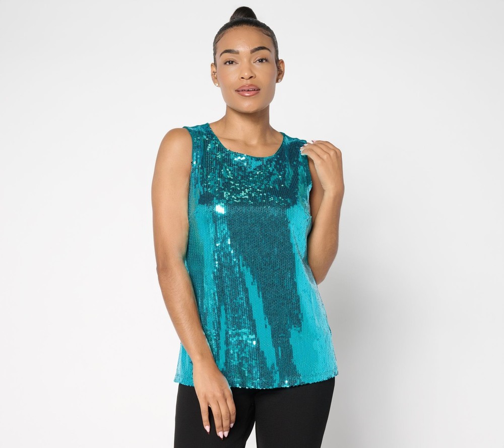 SUNNYLiFE Women's Top Plus Sz 1X Denim & Co. Sequin Front Scoop Green A667801