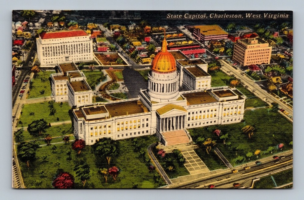 Vintage Linen Postcard State Capitol Charleston West Virginia Aerial View