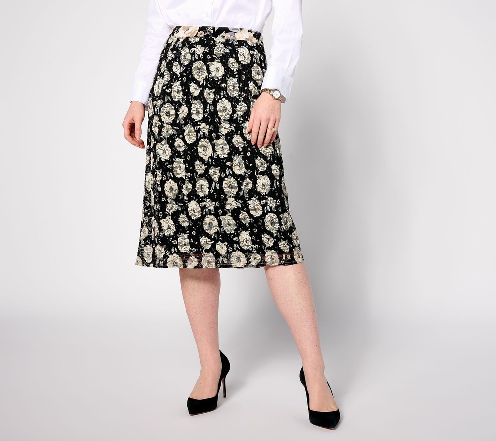 Isaac Mizrahi Live! Women's Plus Sz Skirt 2X Printed Lace Pleated White A631704