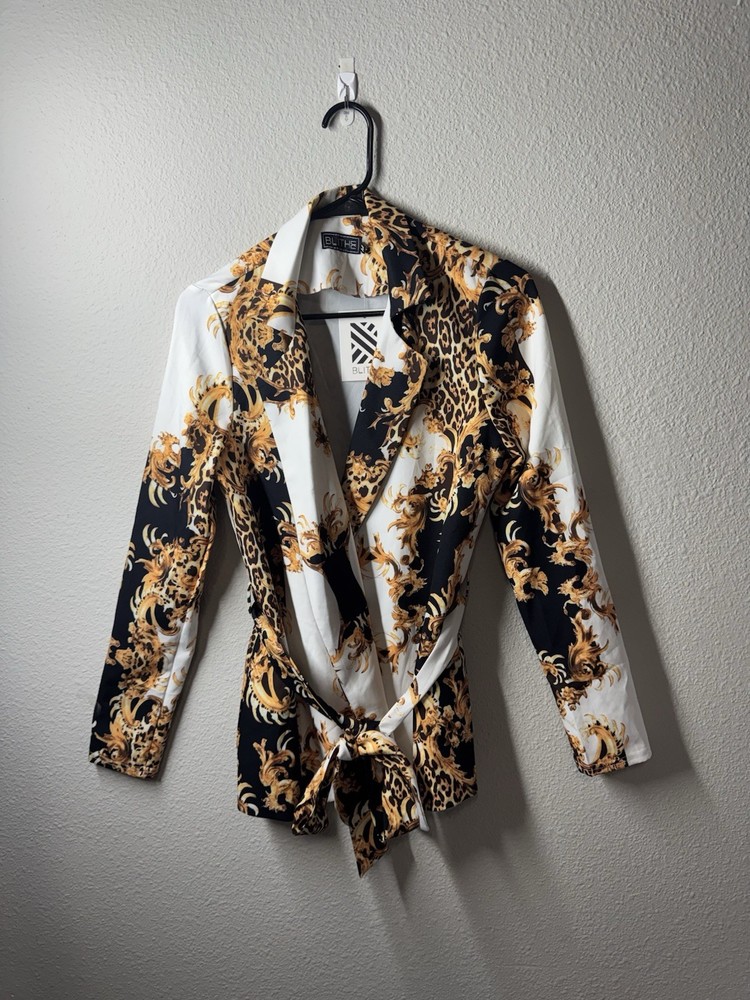 BLITHE Black White Gold Baroque Animal Print Collared Wrap Tie Blouse Size M