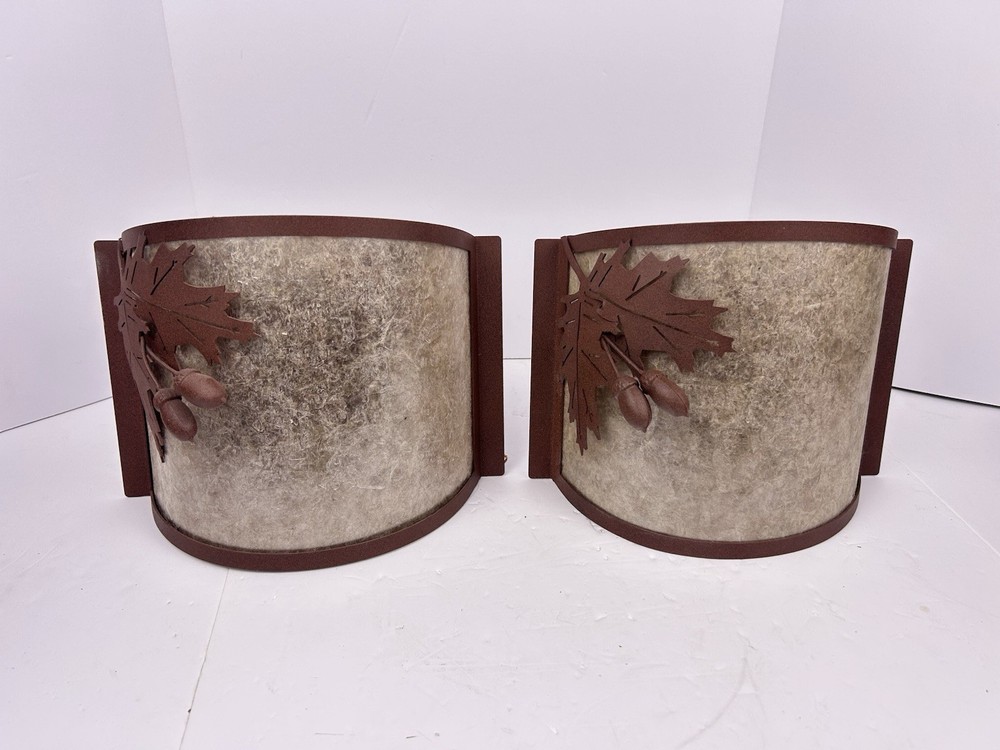 Meyda Tiffany Oak Leaf Acorn Wall Sconce Rust Finish Mica Shade 12” Handmade USA