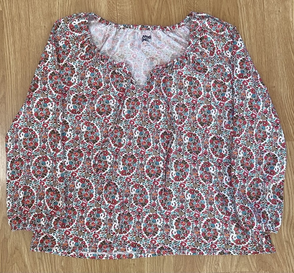 Lands End Womens M Floral Long Sleeve V-Neck Tie Front Casual Blouse in Multicolor