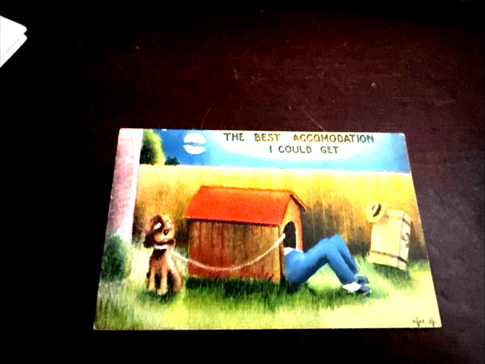 1940s POSTCARD BEST ACCOMODATION I COULD GET, MAN LYING IN DOG HOUSE-image