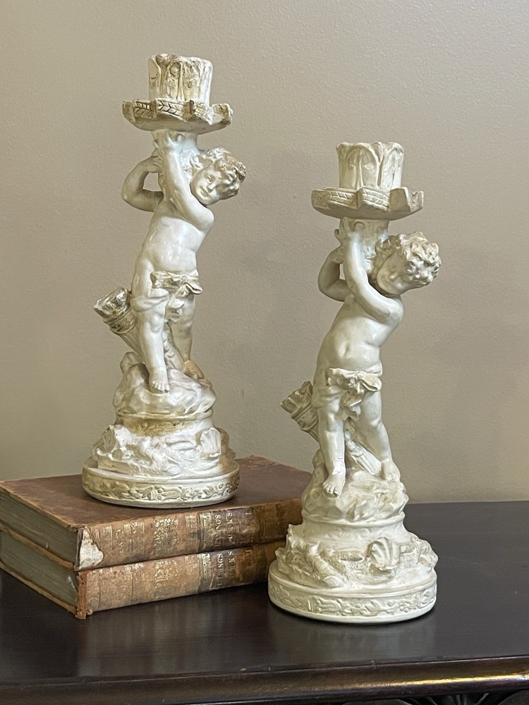 Vintage Cherub Putti Candlesticks Pair White Bisque Style French Decor