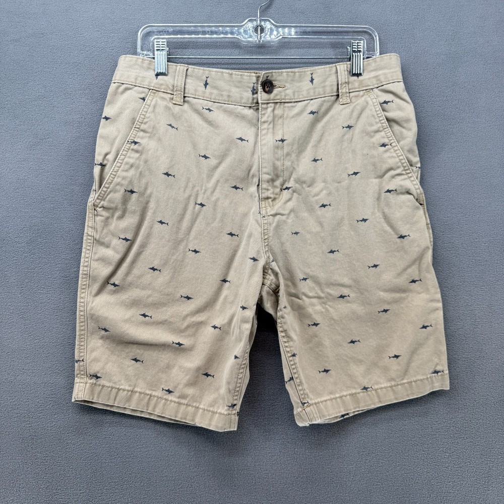 Faded Glory Chino Shorts Mens 34 Beige Shark Print Cotton Mid Rise Outdoor