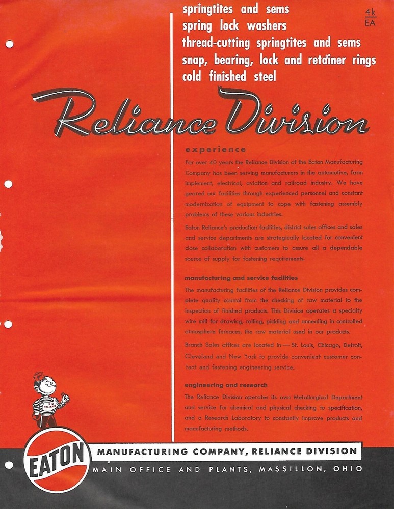 Brochure - Eaton - Reliance - Fasteners Springtite Sem Washer - c1953 (MR673)