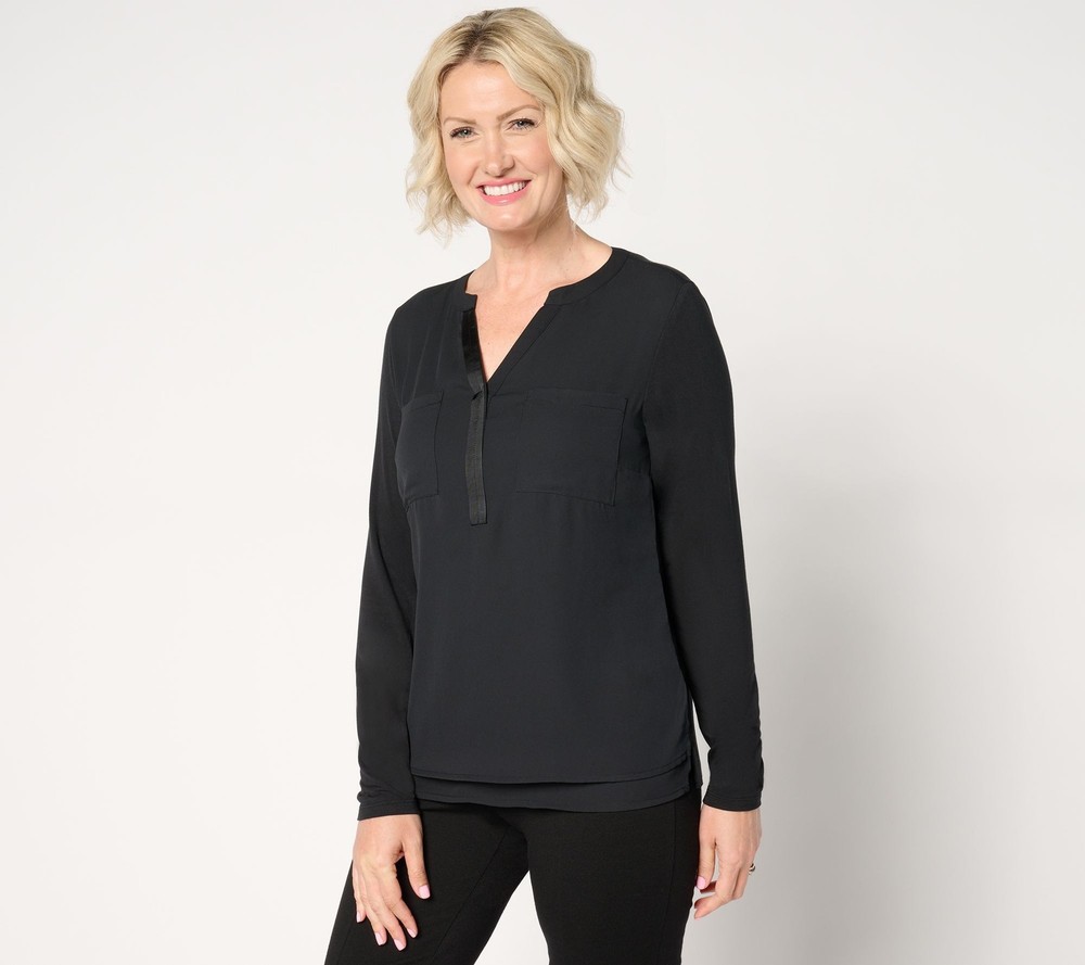 Joan Rivers Classics Collection Women's Top Plus Sz 1X Y-Neck Mixed Black