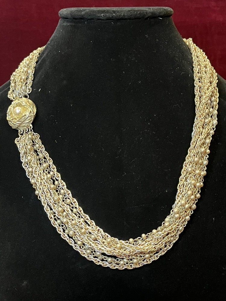 Vintage Quality Multi Chain Gold Tone Faux Pearl Necklace 22”