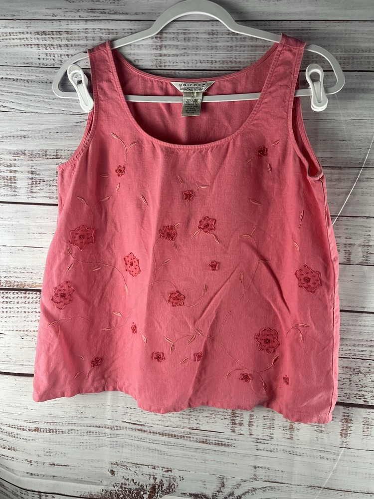 John Paul Richard Uniform Women's Top Tank Small Beaded 100% Linen Pink