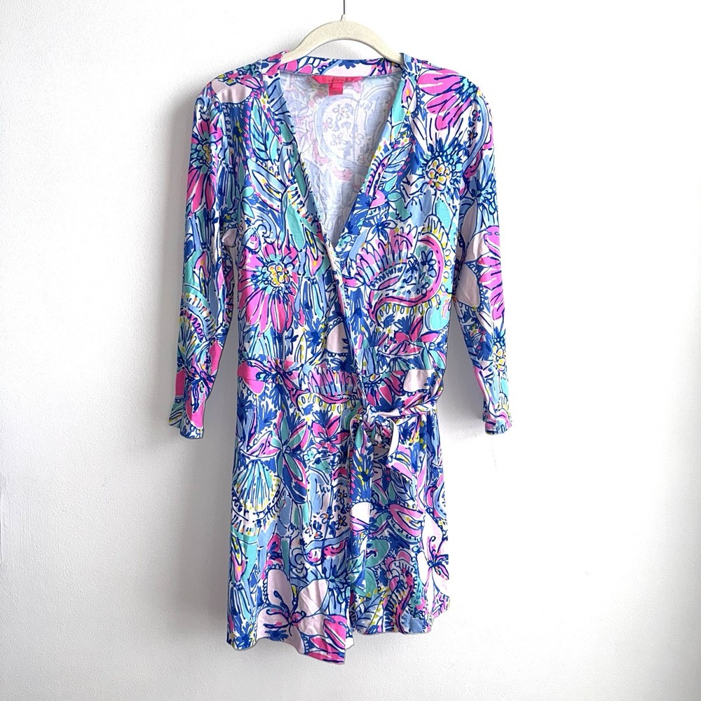 Lilly Pulitzer Karlie Wrap Romper Dress Size Small Resortwear Floral Blue Pink