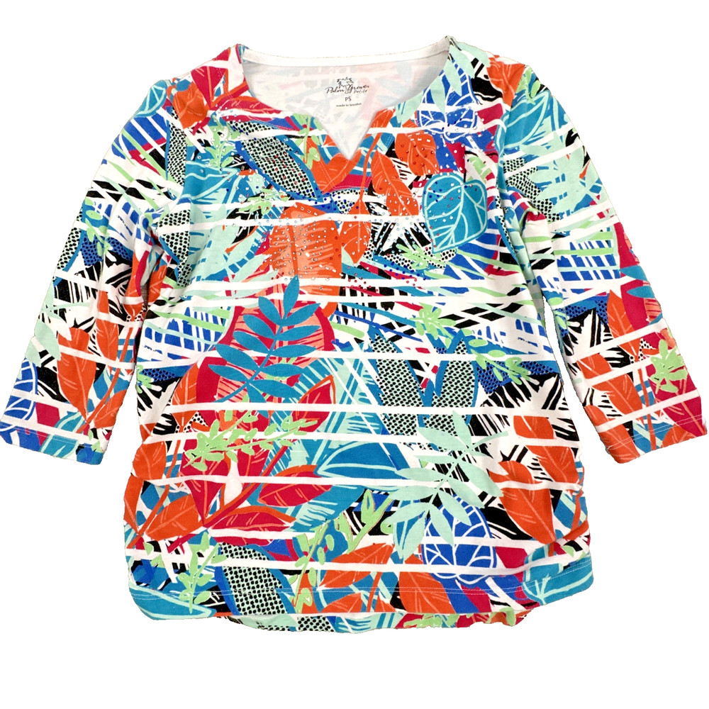 PALM GROVE Womens Top Size PS Petite Geometric Tropical Palm Print 3/4 Sleeve