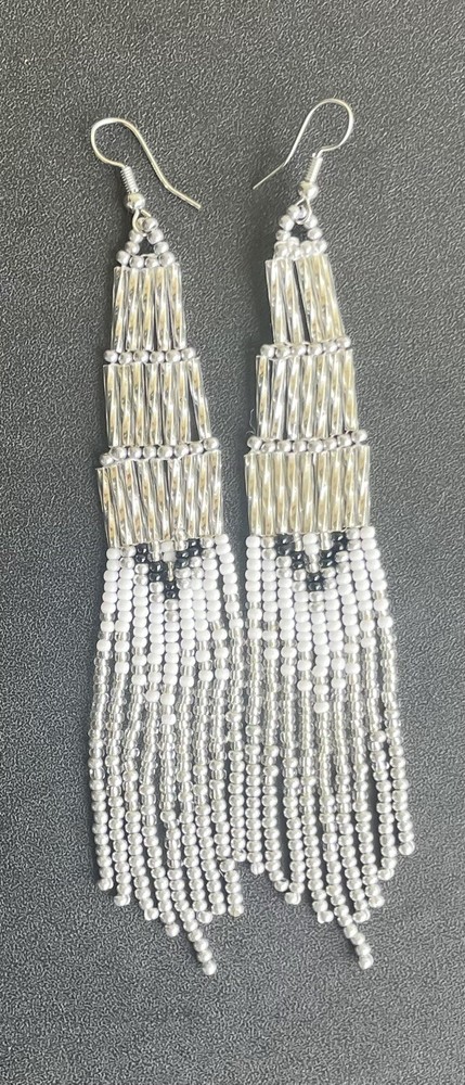 Boho Native Style Silver White Seed Bead Beaded Earrings Fringe Tassel Long