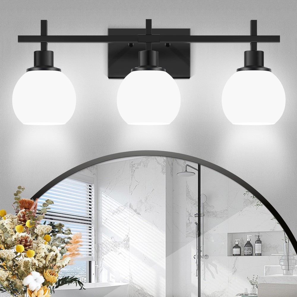 Modern Vanity Lighting Fixtures 3-Light Black Over Mirror Milky White Glass