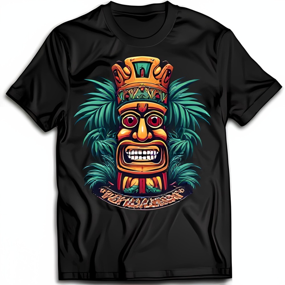 Whimsical Tiki Idol Graphic Black T-Shirt with Tropical Fronds Design
