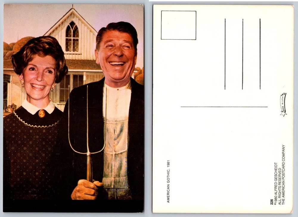 Ronald & Nancy Reagan American Gothic Parody Postcard 1981