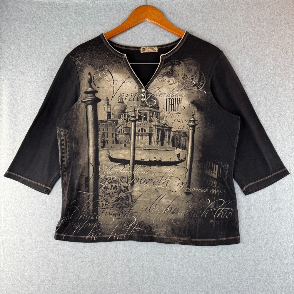 Y2K 'Blue Canon' Whimsygoth Romantic Graphic Henley Tee 3/4 Sleeve Size 1X