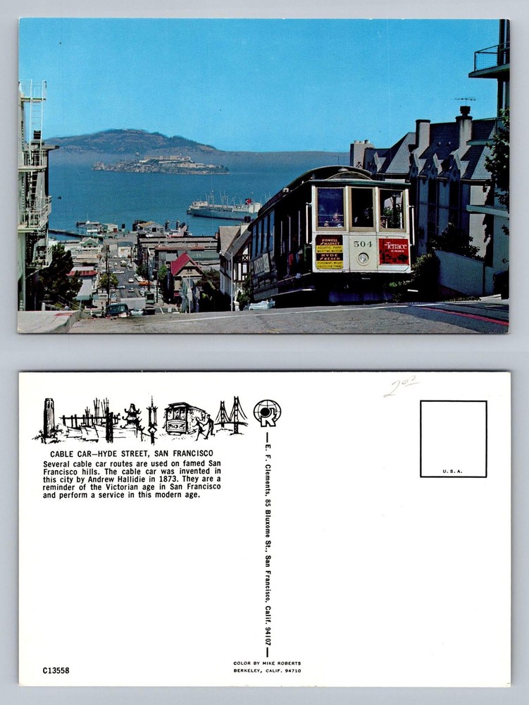 San Francisco CA-California Hyde Street Cable Car Alcatraz View Vintage Postcard