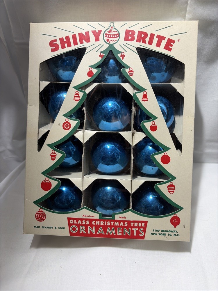 VTG Shiny Brite Mercury Glass Blue 3” Christmas Ornaments Set of 12 w/ Box USA