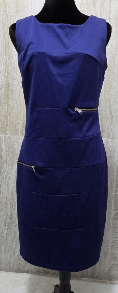 Enfocus Studio Blue Solid Sheath Round Neck Knee Dress Sleeveless Zip 6