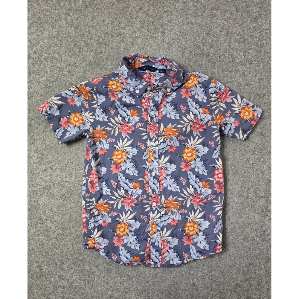 Janie Jack Tropical Short Sleeve Button Down Shirt Kid Size 8 Blue Orange Floral