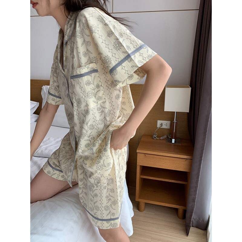 Simple Pajamas Women Floral Short Sleeve Shorts Cardigan Casual Home Clothes Set