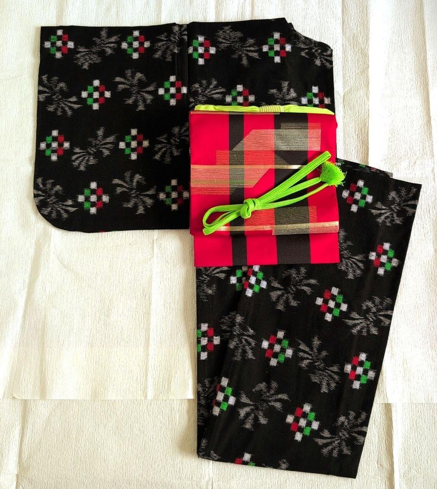Kimono Small Pattern Single Robe Black Gray White Red Green Geometric Kasuri