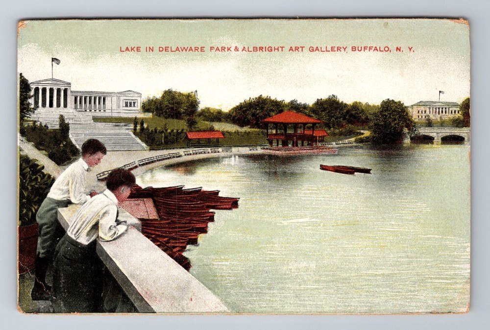 Buffalo NY- New York, Lake In Delaware Park & Albright, Antique Vintage Postcard