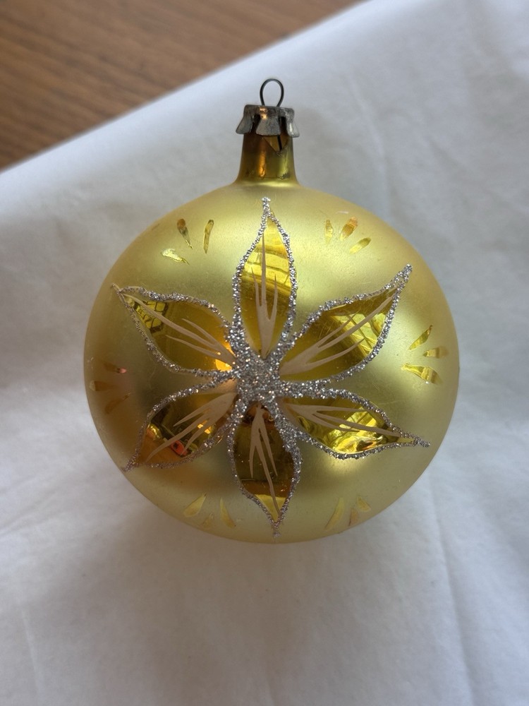 Vintage Germany Mercury Glass Christmas Gold Poinsettia Ornament 4” READ