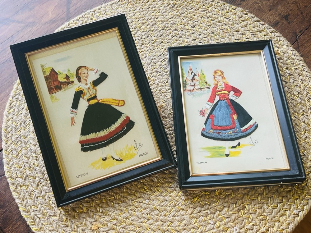 Set 2 Elsie Gumier Silk Embroidered Framed Postcards 1960s Vintage