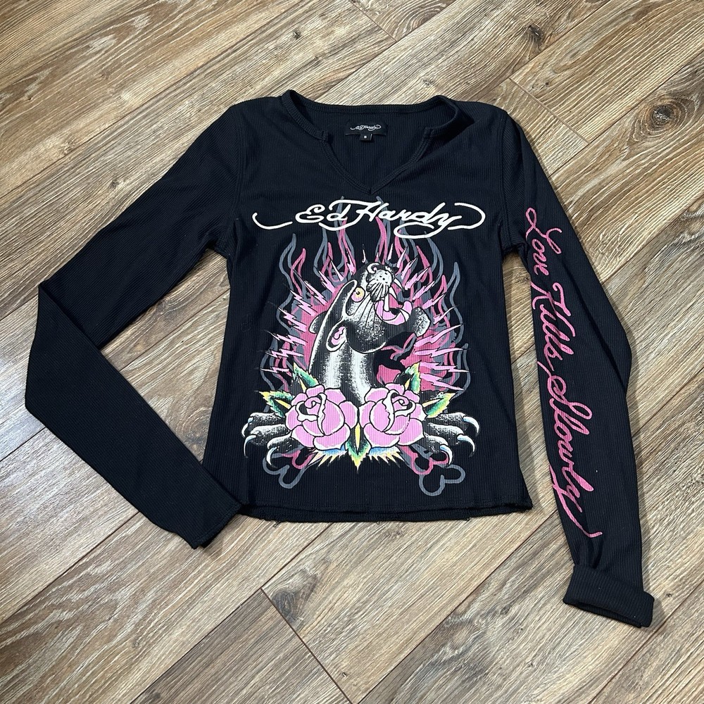 Y2K Ed Hardy Panther Rose  Long sleeve T Shirt Ribbed Fitted S