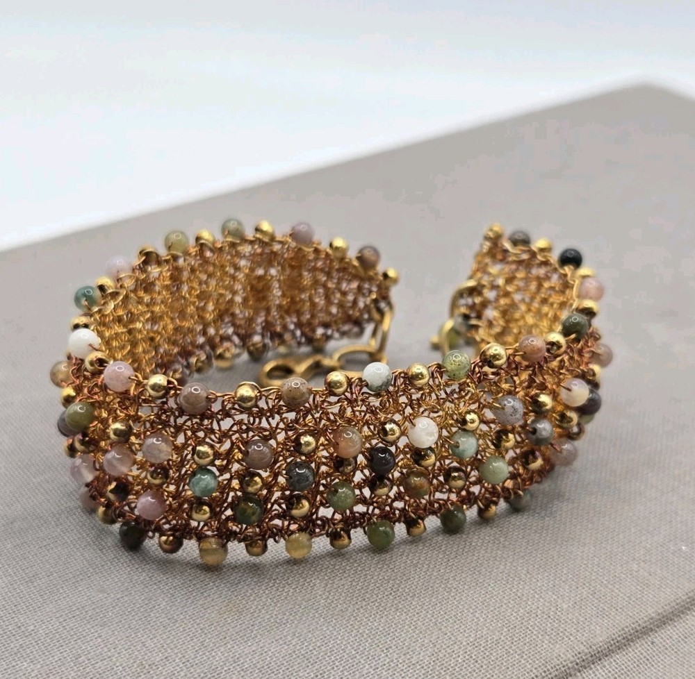 Knit Crochet Gold Copper Wire bracelet Gemstone Beads 8