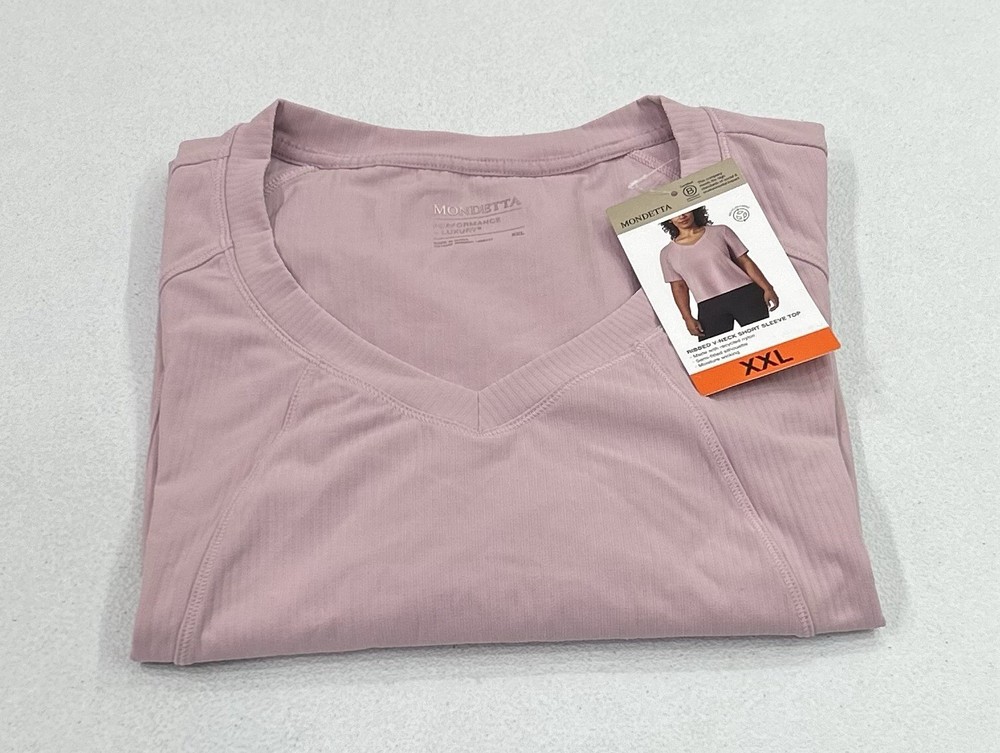 Mondetta Women's Ribbed V-Neck Short Sleeve Top, Pink, Size XXL