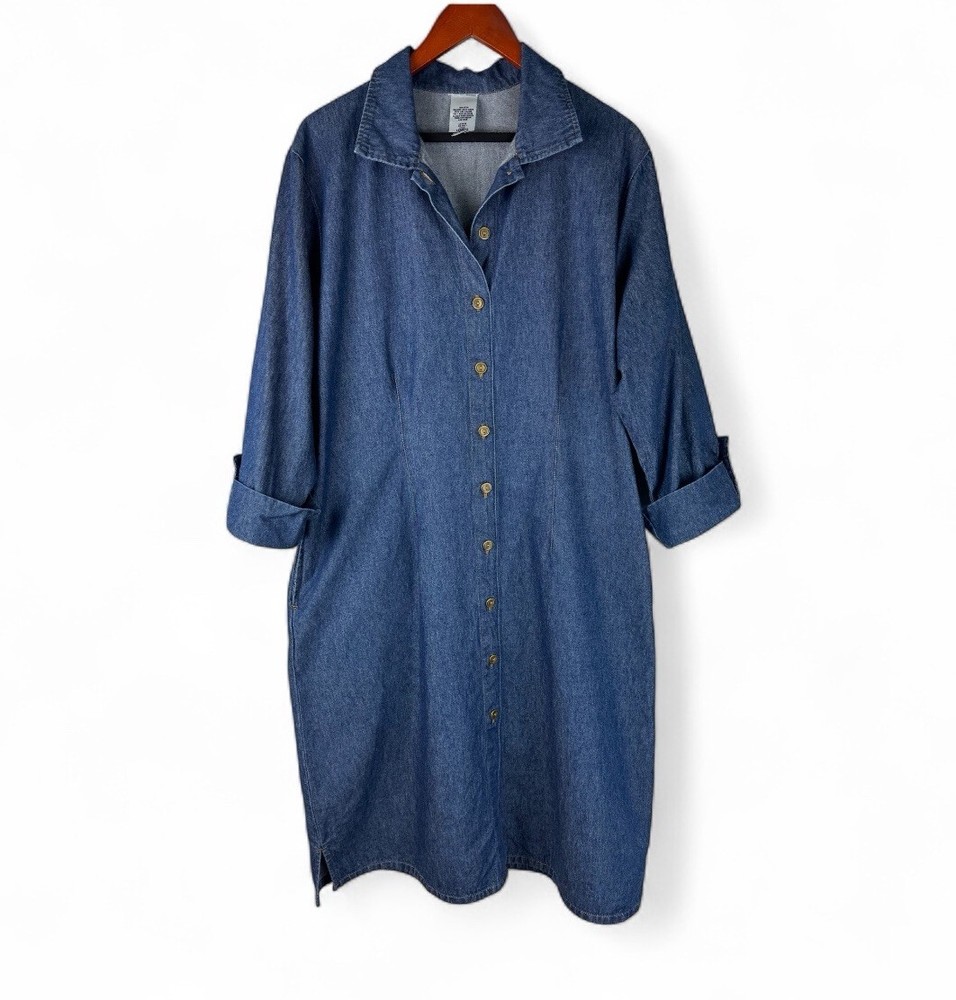 Unbranded Womens 1X Denim Shirt Style Dress Blue 3/4 Sleeve Button Embellished