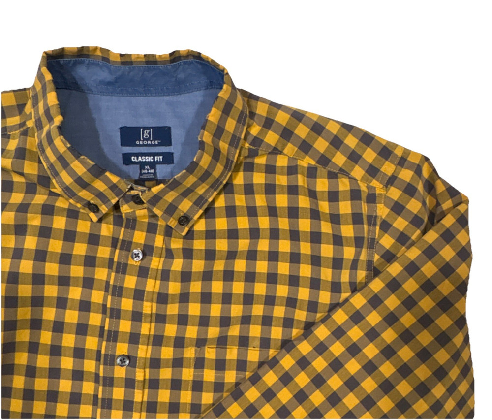 George Men's XL Classic Fit Yellow Brown Check Button-Down Shirt Long Sleeve