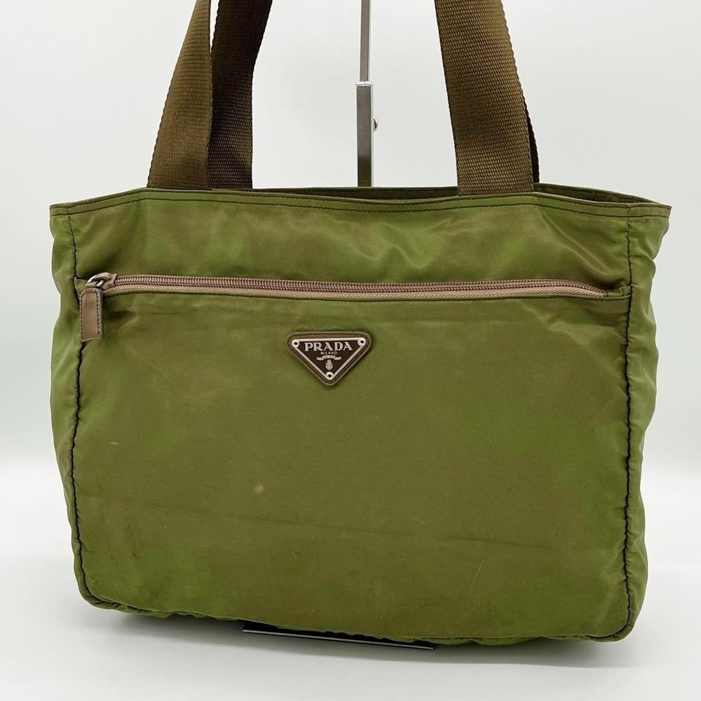 Prada Green Nylon Leather Triangle Plate Tote Bag