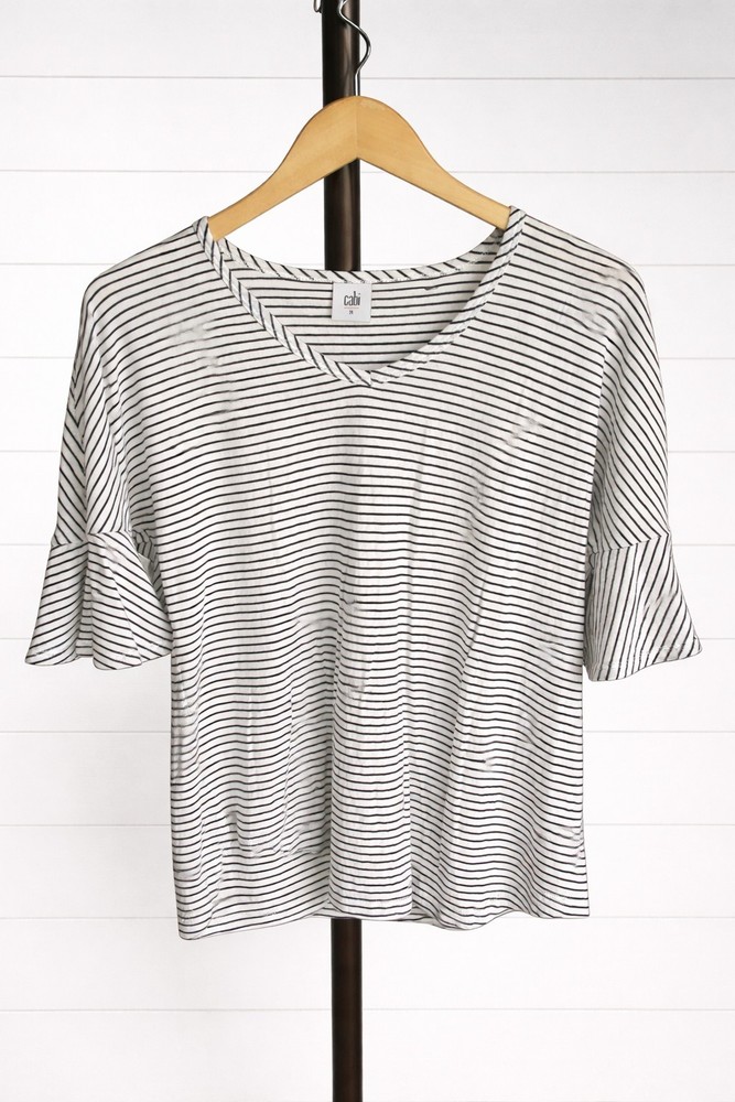 Cabi Shirt Womens Sz M Black White Striped Skipper Tee Bell Sleeve Style 5558