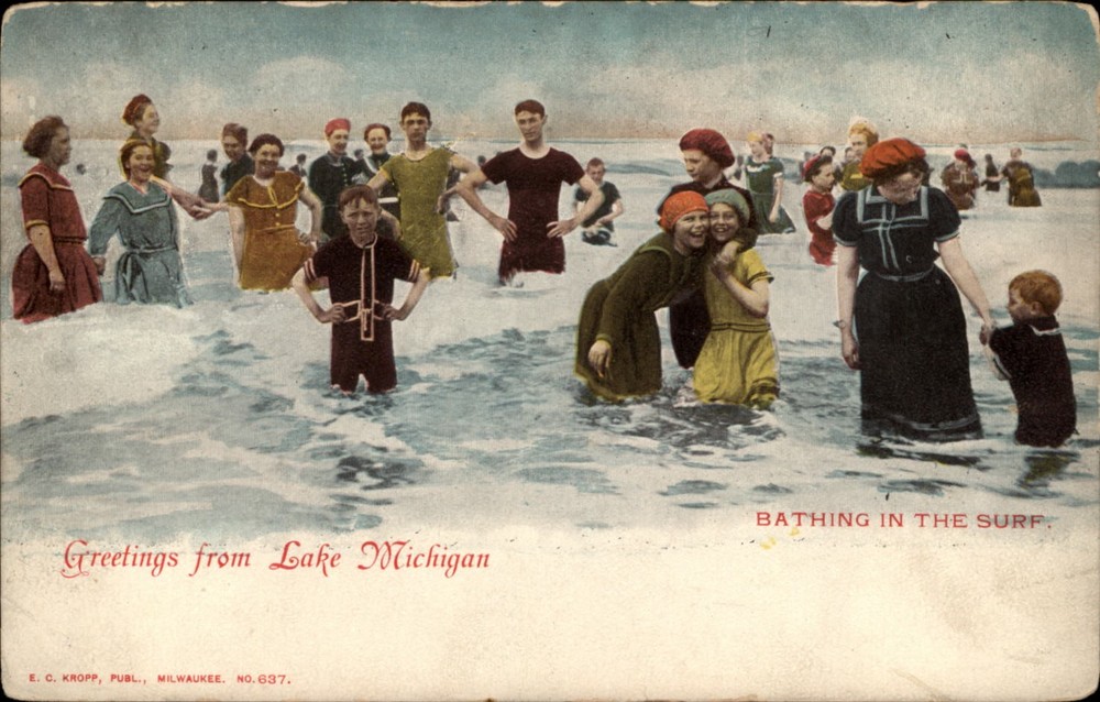 Greetings From Lake Michigan bathing antique swimsuit UDB c1905 postcard q562