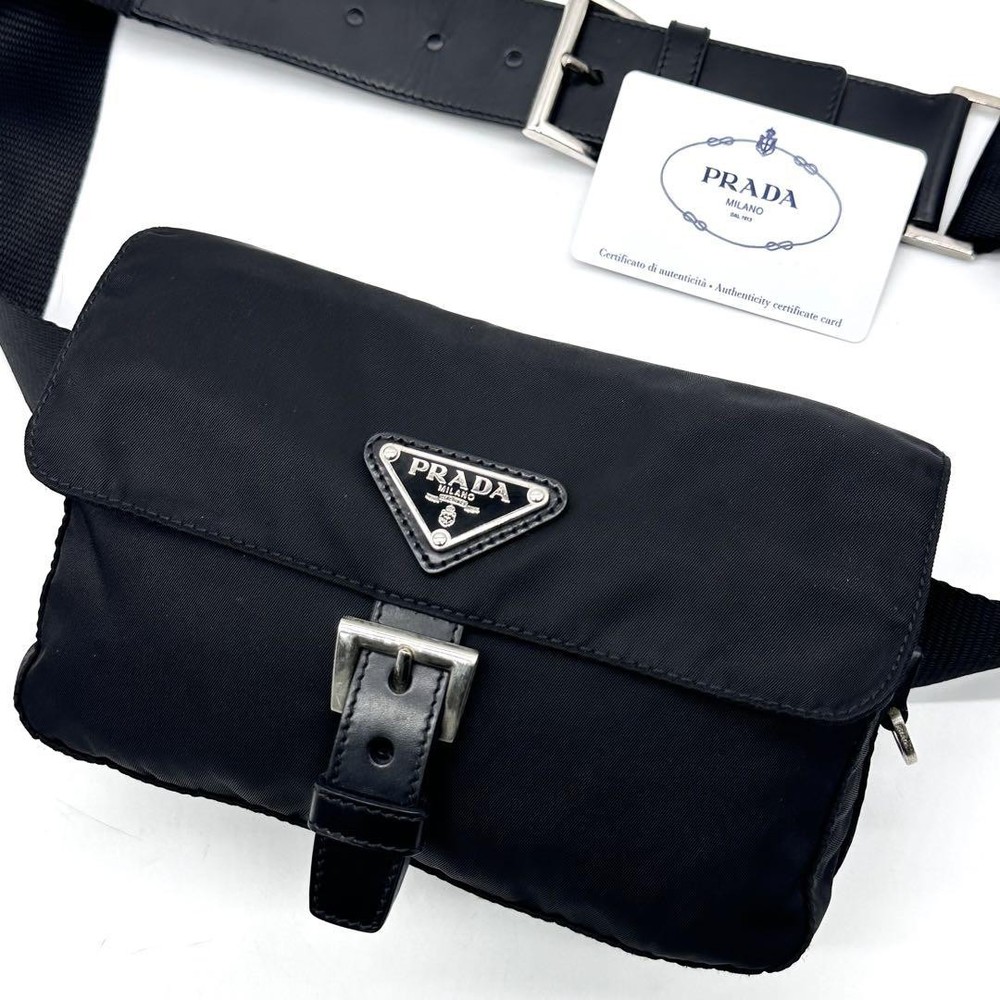 Prada Black Nylon Waist Bag with Triangle Logo Plate Belt