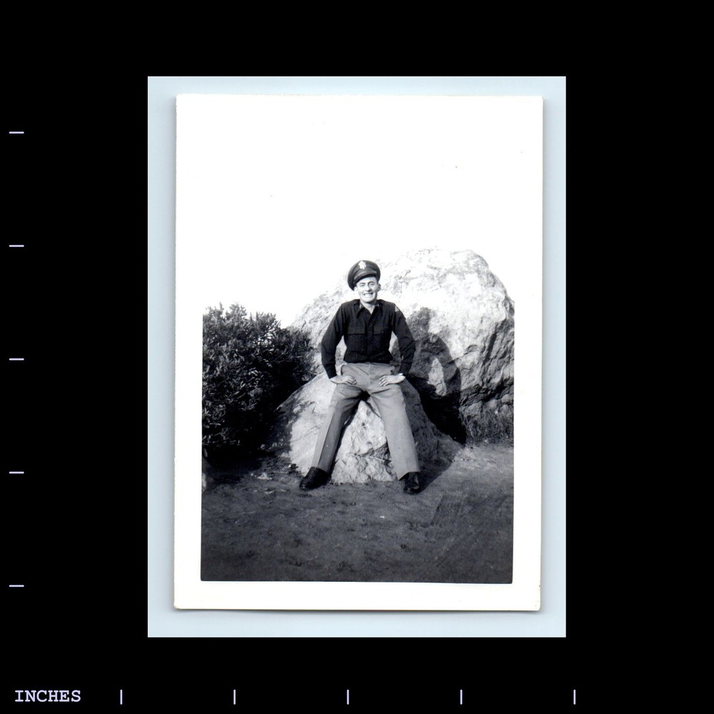 Old Vintage Photo ARMY MAN SOLDIER SITTING ON ROCK