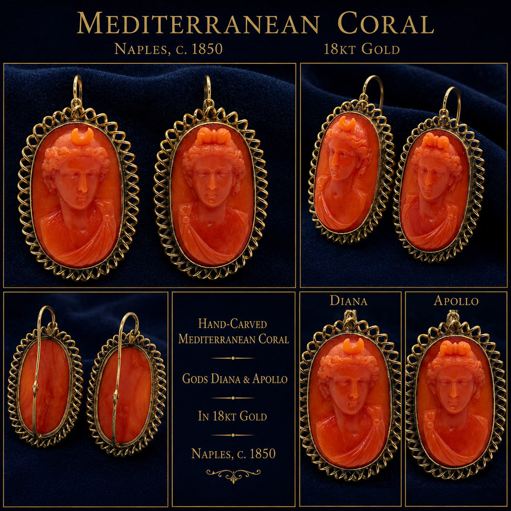 Antique 18kt Gold Mediterranean Coral Cameo Earrings Diana & Apollo Naples 1850