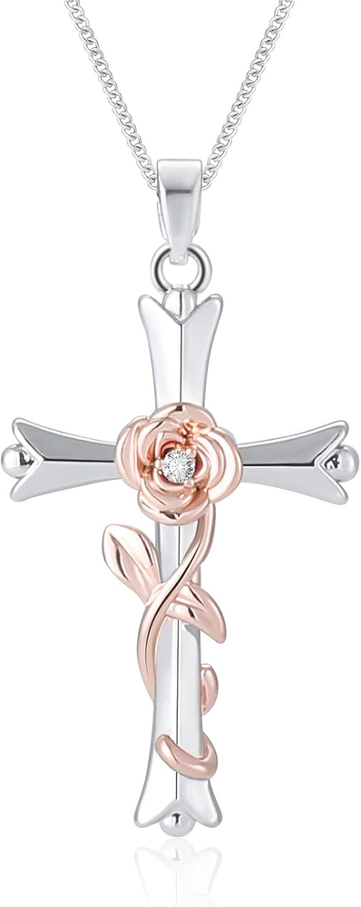 ACECHA Cross Necklace for Women | Silver Faith Birthstone Cross Pendant with Bir-image