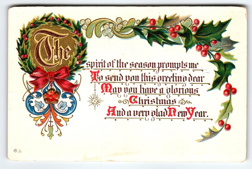 Vintage 1912 Embossed Christmas Postcard with Holly and Wreath