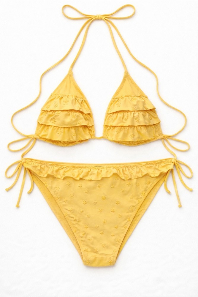 Vtg Abercrombie & Fitch All Over Yellow Flowers Padded Ruffles Bikini Set M