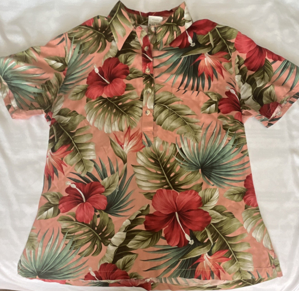 Go Barefoot Vintage Women’s L Short Sleeve Floral Hawaiian Button-Up Shirt