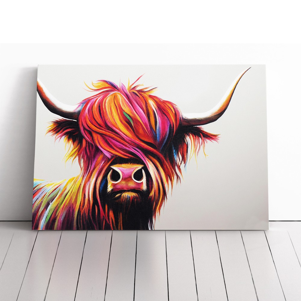 Vibrant Highland Cow Abstract Canvas Wall Art Print Framed Picture Home Decor
